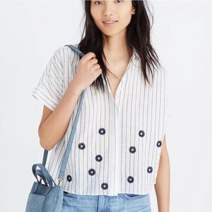 Madewell Embroidered Hilltop Button Down Blouse White and Black Striped Small